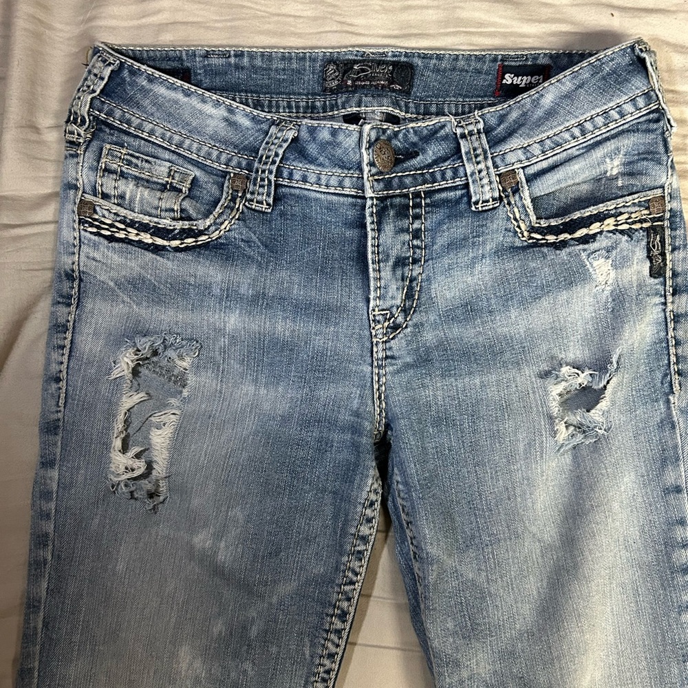Silver Jeans Light Blue Distressed Straight Leg Jeans